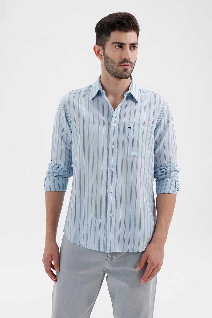 BASICS SLIM FIT SKYRIDE BLUE COTTON LINEN STRIPE SHIRT