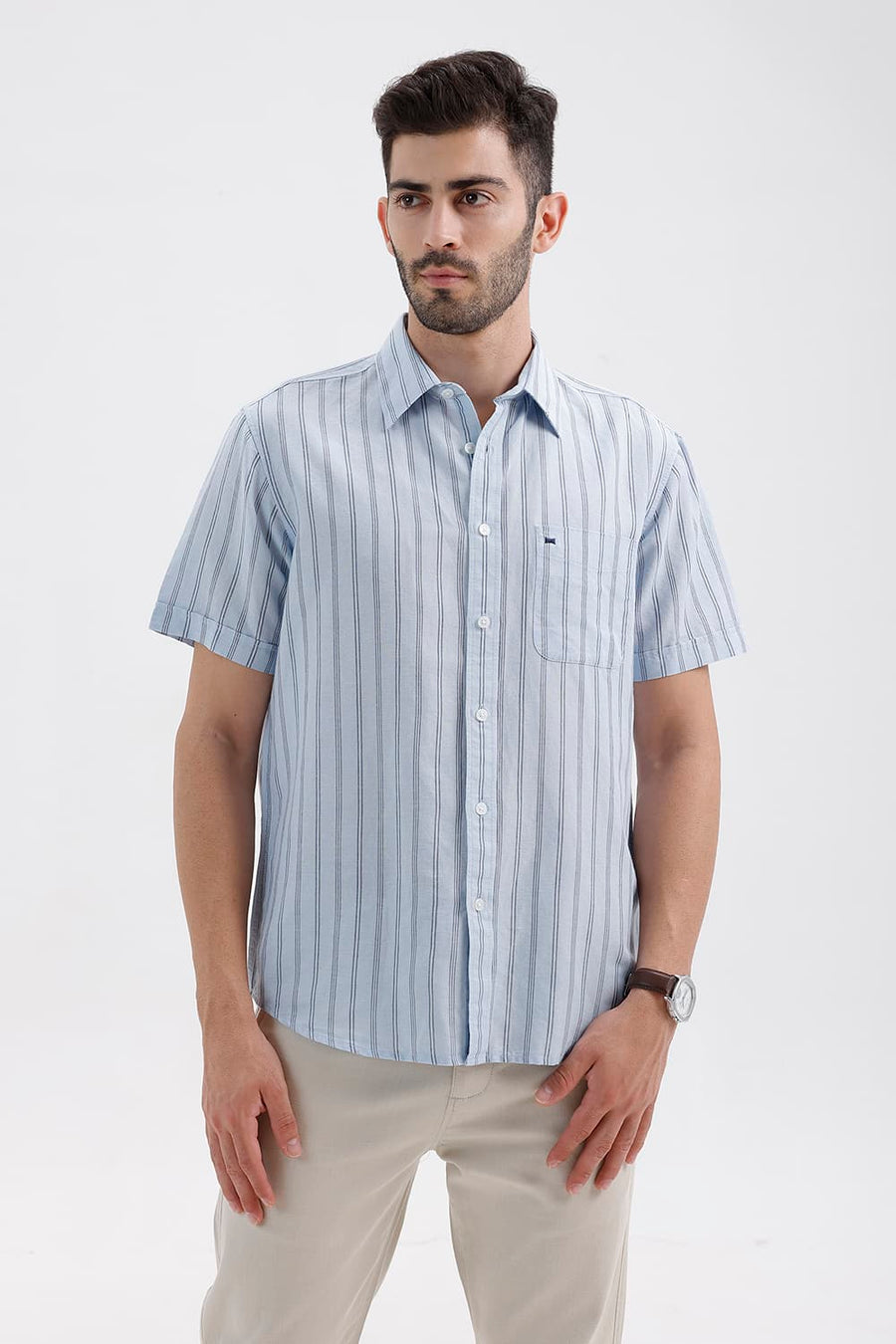 BASICS SLIM FIT SKYRIDE BLUE COTTON LINEN STRIPE HALFSLEEVES SHIRT
