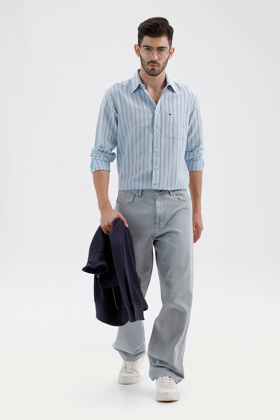 BASICS SLIM FIT SKYRIDE BLUE COTTON LINEN STRIPE SHIRT