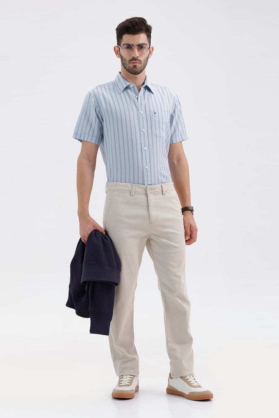 BASICS SLIM FIT SKYRIDE BLUE COTTON LINEN STRIPE HALFSLEEVES SHIRT