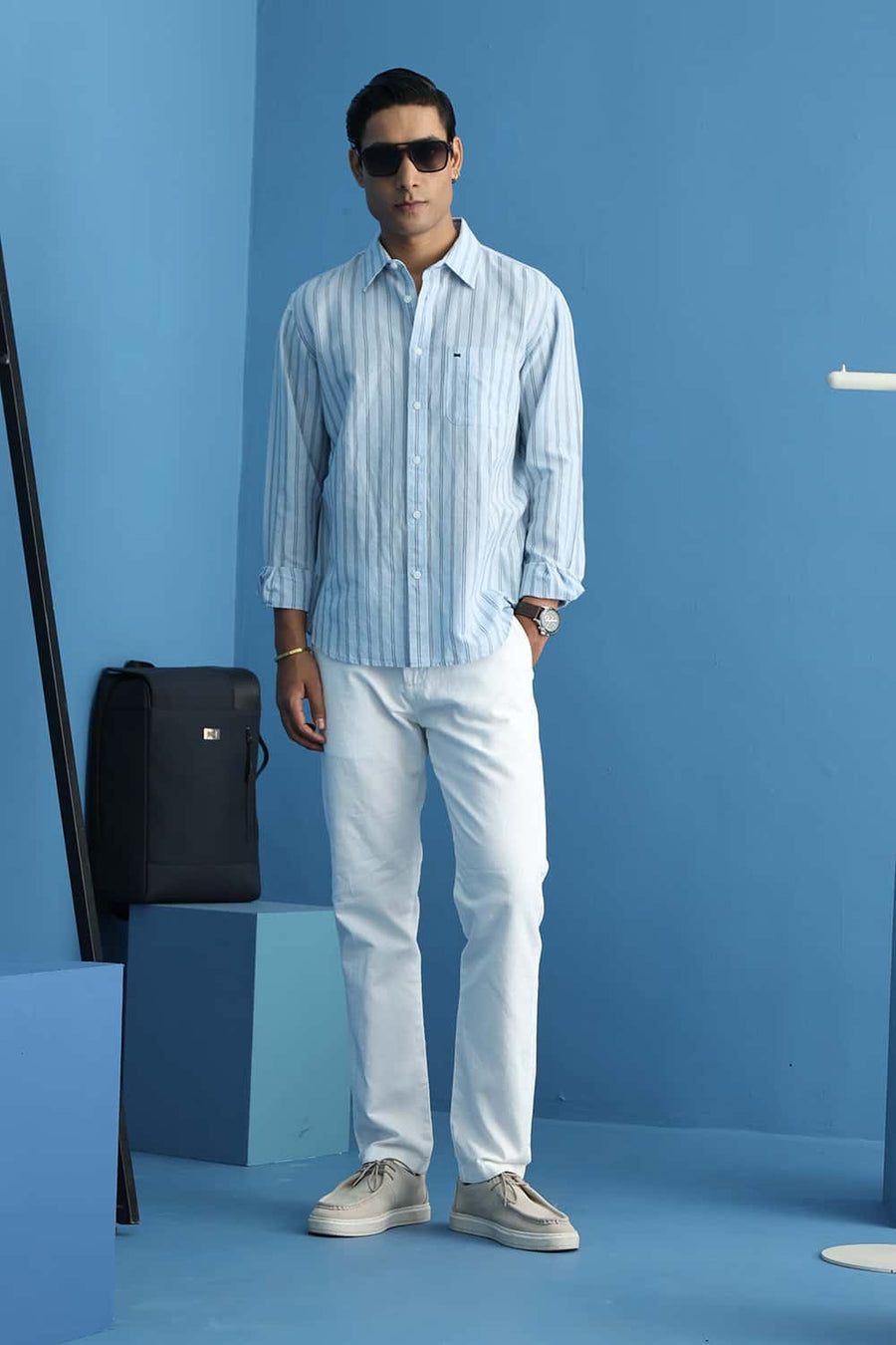 Basics Slim Fit Skyride Blue Cotton Linen Stripe Shirt