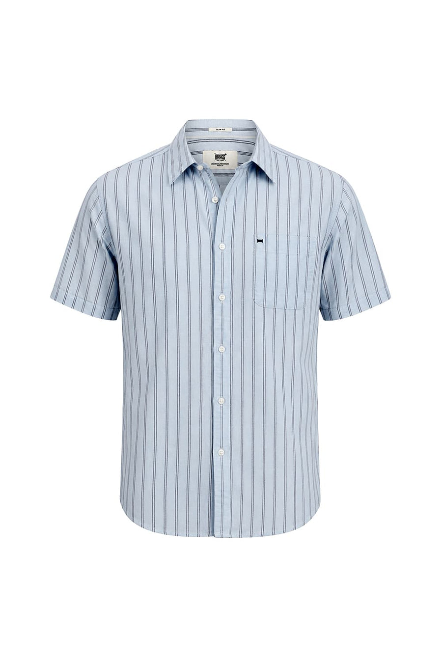BASICS SLIM FIT SKYRIDE BLUE COTTON LINEN STRIPE HALFSLEEVES SHIRT