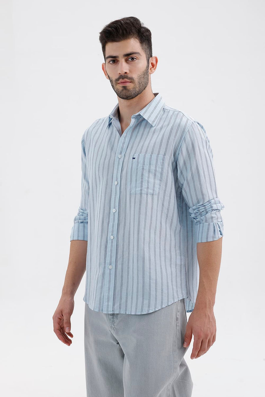 BASICS SLIM FIT SKYRIDE BLUE COTTON LINEN STRIPE SHIRT