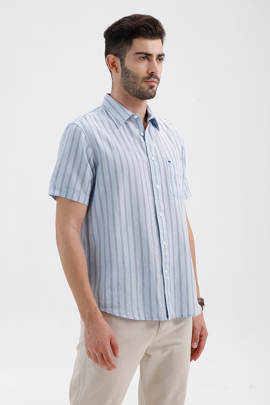 BASICS SLIM FIT SKYRIDE BLUE COTTON LINEN STRIPE HALFSLEEVES SHIRT