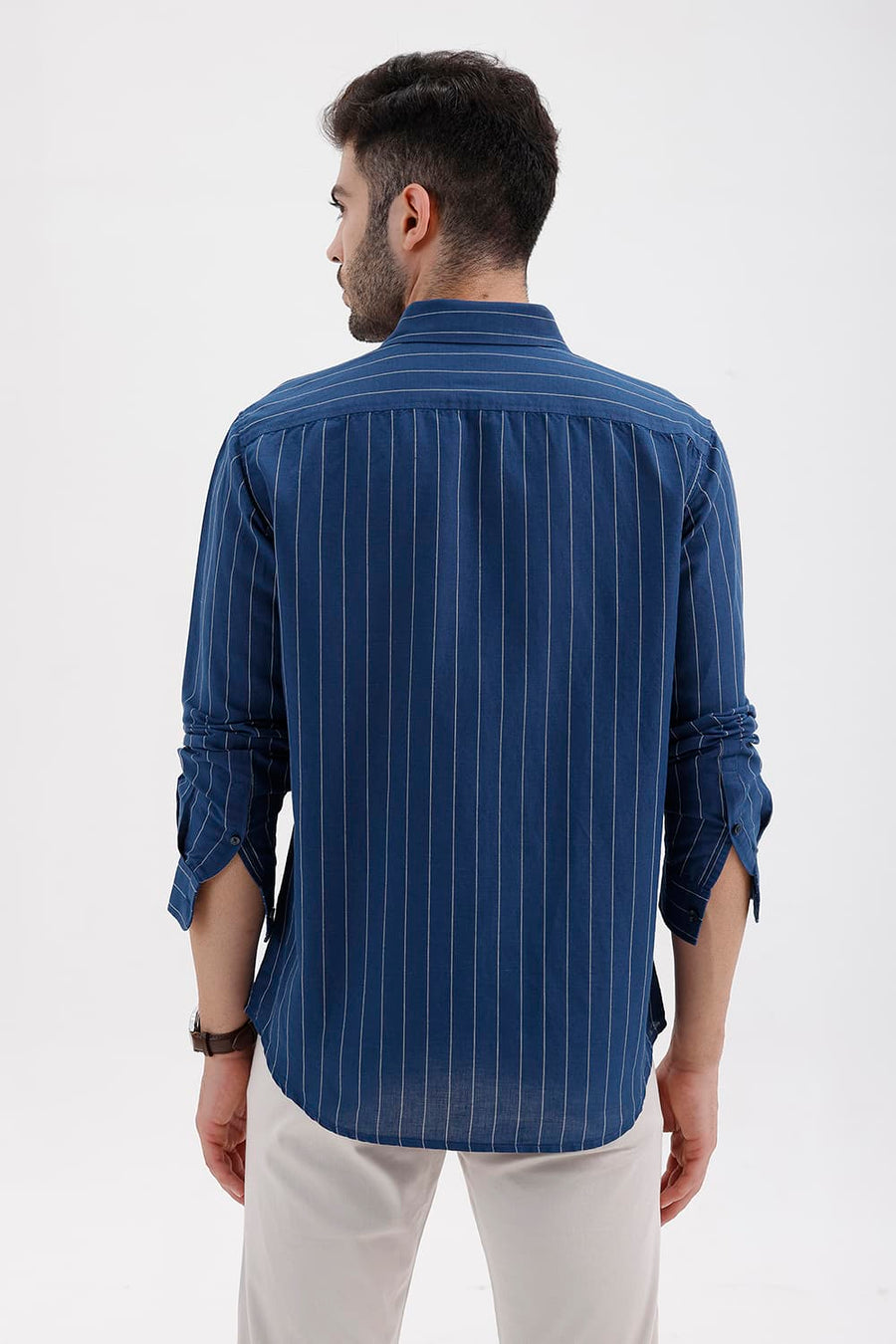 BASICS SLIM FIT NAVY SAIL COTTON LINEN STRIPE SHIRT