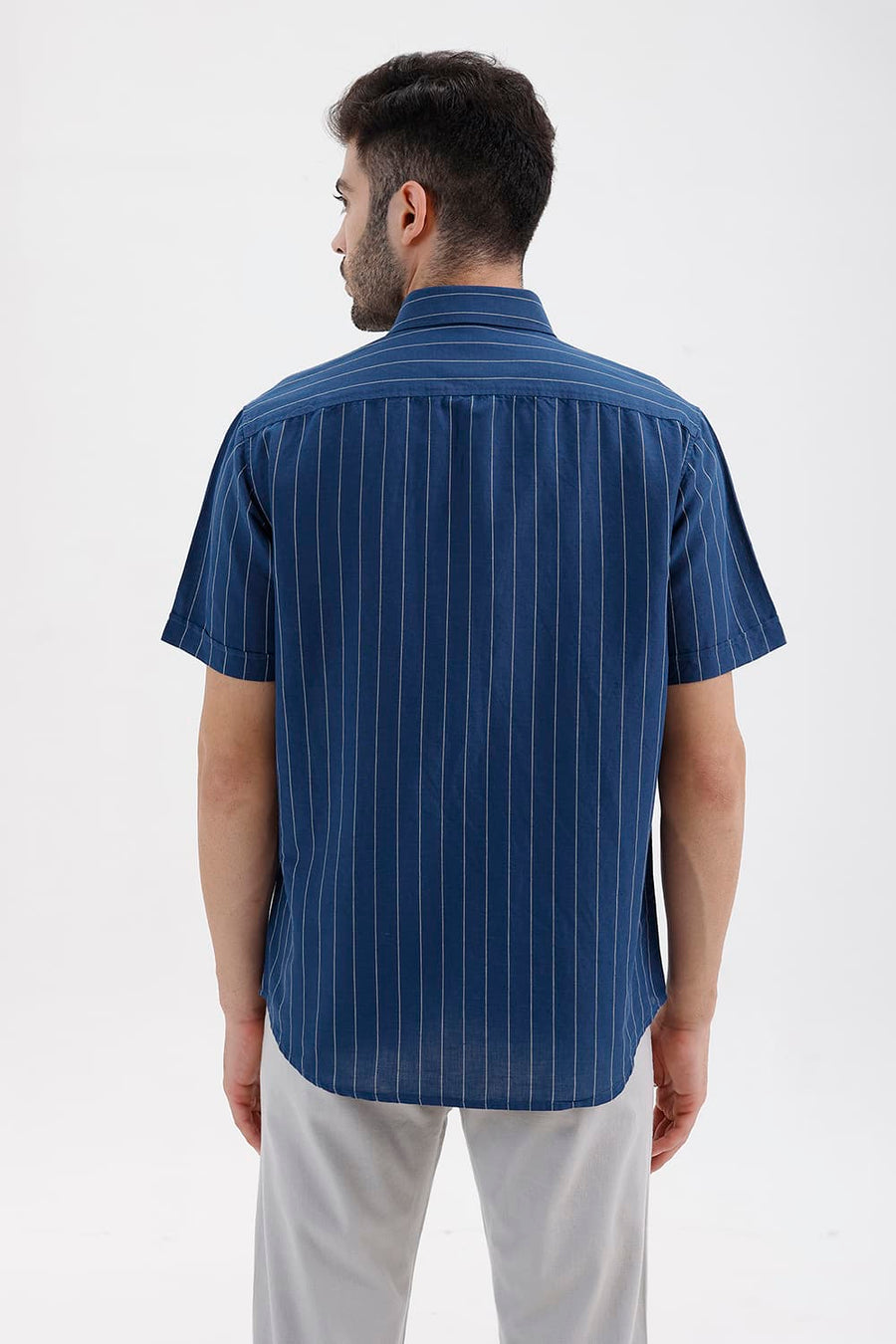 BASICS SLIM FIT NAVY SAIL COTTON LINEN STRIPE HALFSLEEVES SHIRT