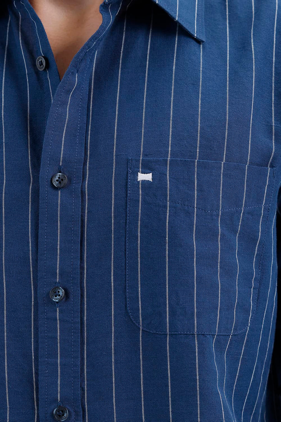 BASICS SLIM FIT NAVY SAIL COTTON LINEN STRIPE SHIRT