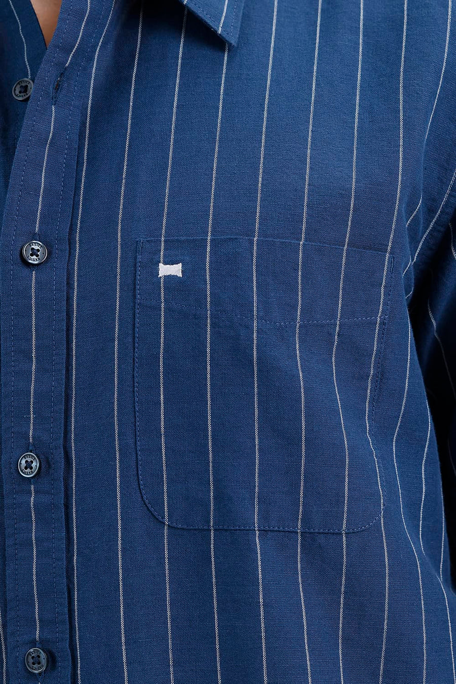 BASICS SLIM FIT NAVY SAIL COTTON LINEN STRIPE HALFSLEEVES SHIRT