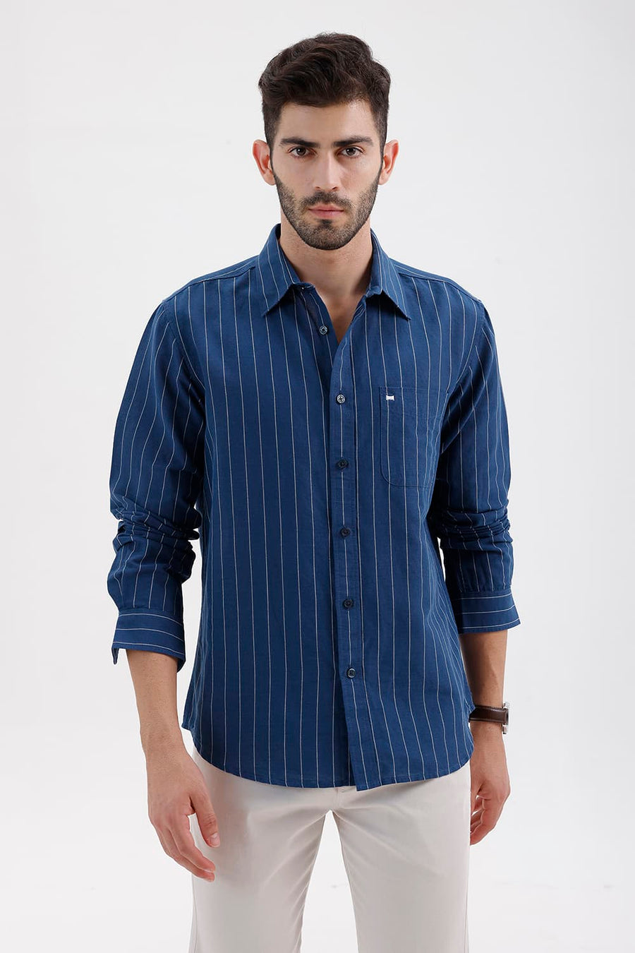 BASICS SLIM FIT NAVY SAIL COTTON LINEN STRIPE SHIRT