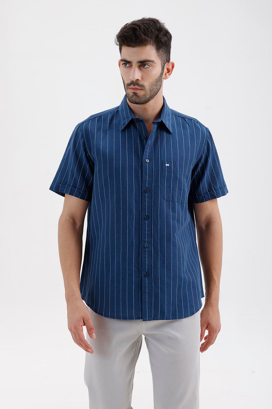 BASICS SLIM FIT NAVY SAIL COTTON LINEN STRIPE HALFSLEEVES SHIRT