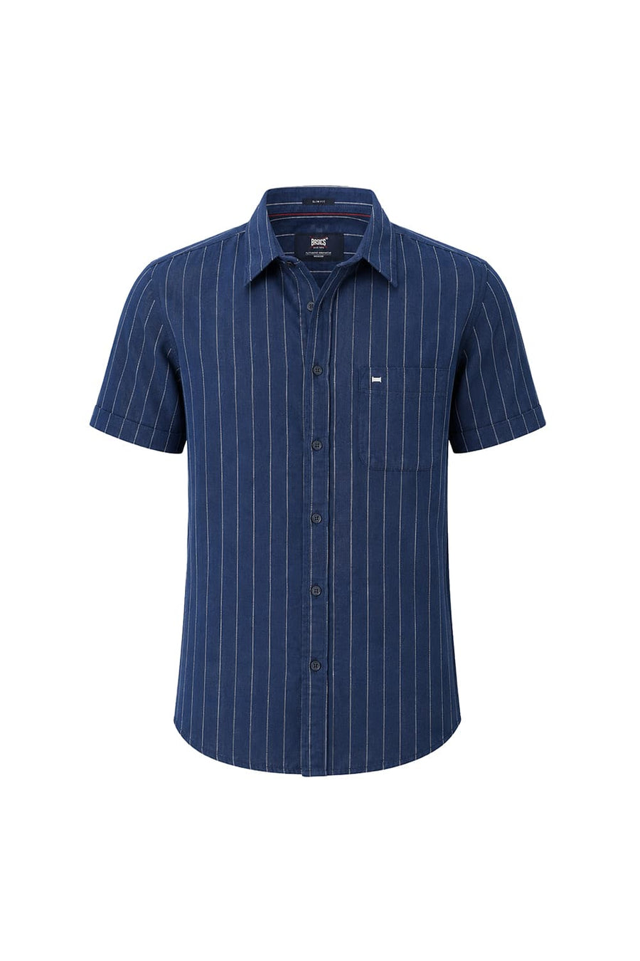 BASICS SLIM FIT NAVY SAIL COTTON LINEN STRIPE HALFSLEEVES SHIRT