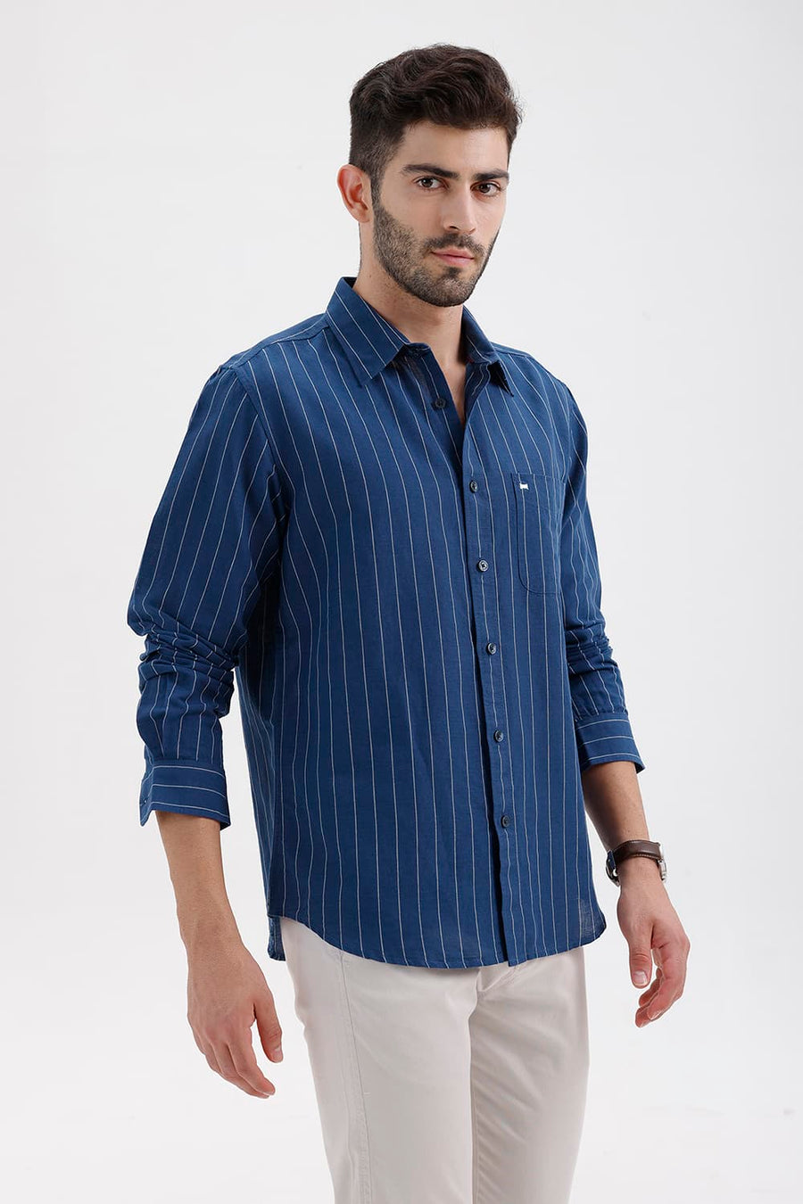 BASICS SLIM FIT NAVY SAIL COTTON LINEN STRIPE SHIRT