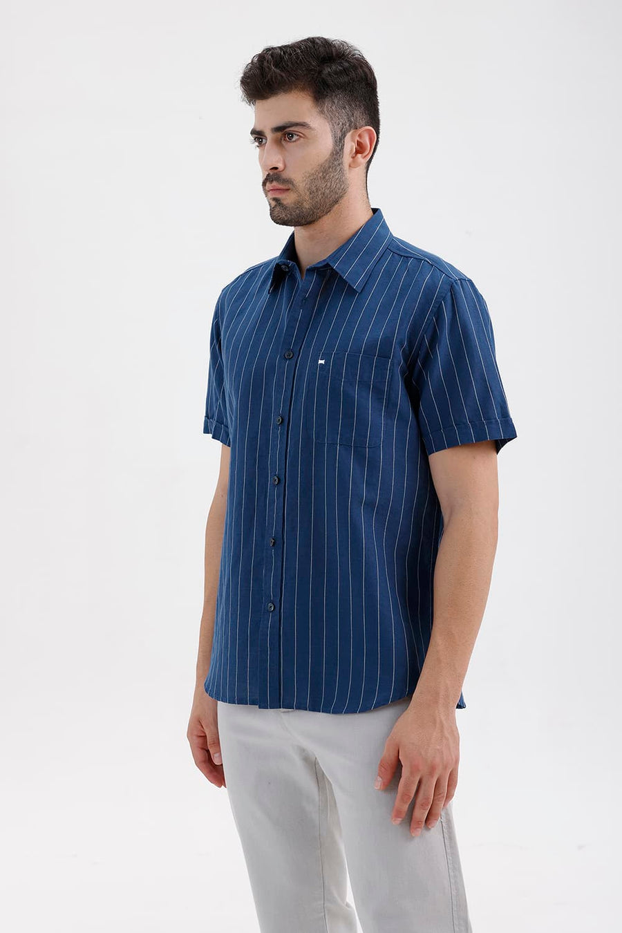 BASICS SLIM FIT NAVY SAIL COTTON LINEN STRIPE HALFSLEEVES SHIRT