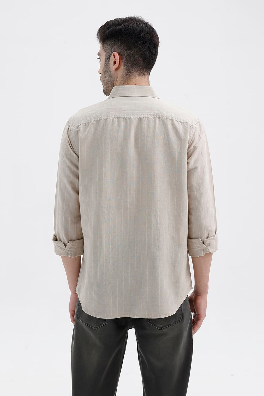 BASICS SLIM FIT OAK BEIGE COTTON LINEN STRIPE SHIRT