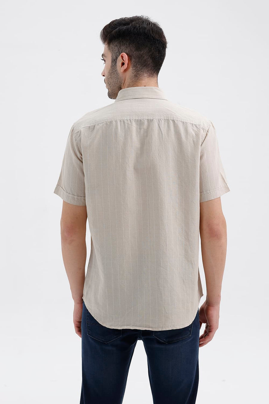 BASICS SLIM FIT OAK BEIGE COTTON LINEN STRIPE HALFSLEEVES SHIRT