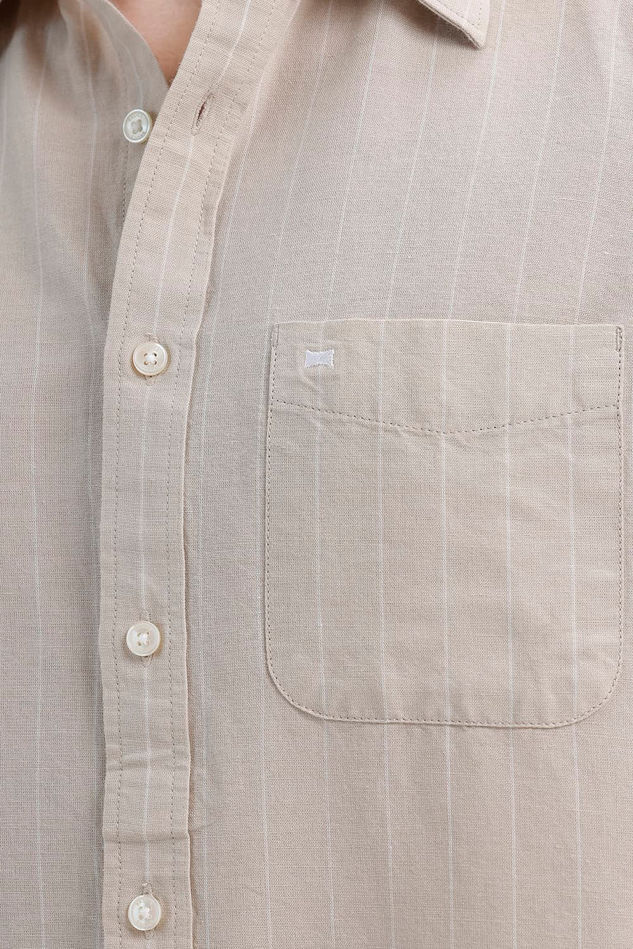 BASICS SLIM FIT OAK BEIGE COTTON LINEN STRIPE SHIRT