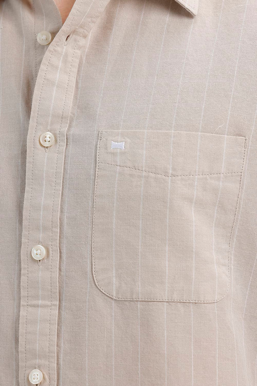 BASICS SLIM FIT OAK BEIGE COTTON LINEN STRIPE HALFSLEEVES SHIRT