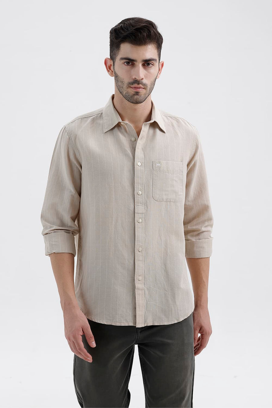 BASICS SLIM FIT OAK BEIGE COTTON LINEN STRIPE SHIRT