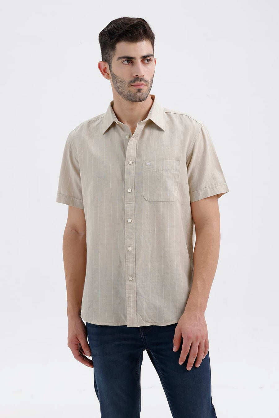 BASICS SLIM FIT OAK BEIGE COTTON LINEN STRIPE HALFSLEEVES SHIRT