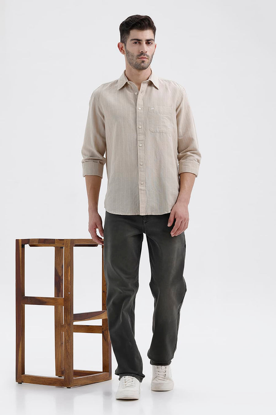 BASICS SLIM FIT OAK BEIGE COTTON LINEN STRIPE SHIRT