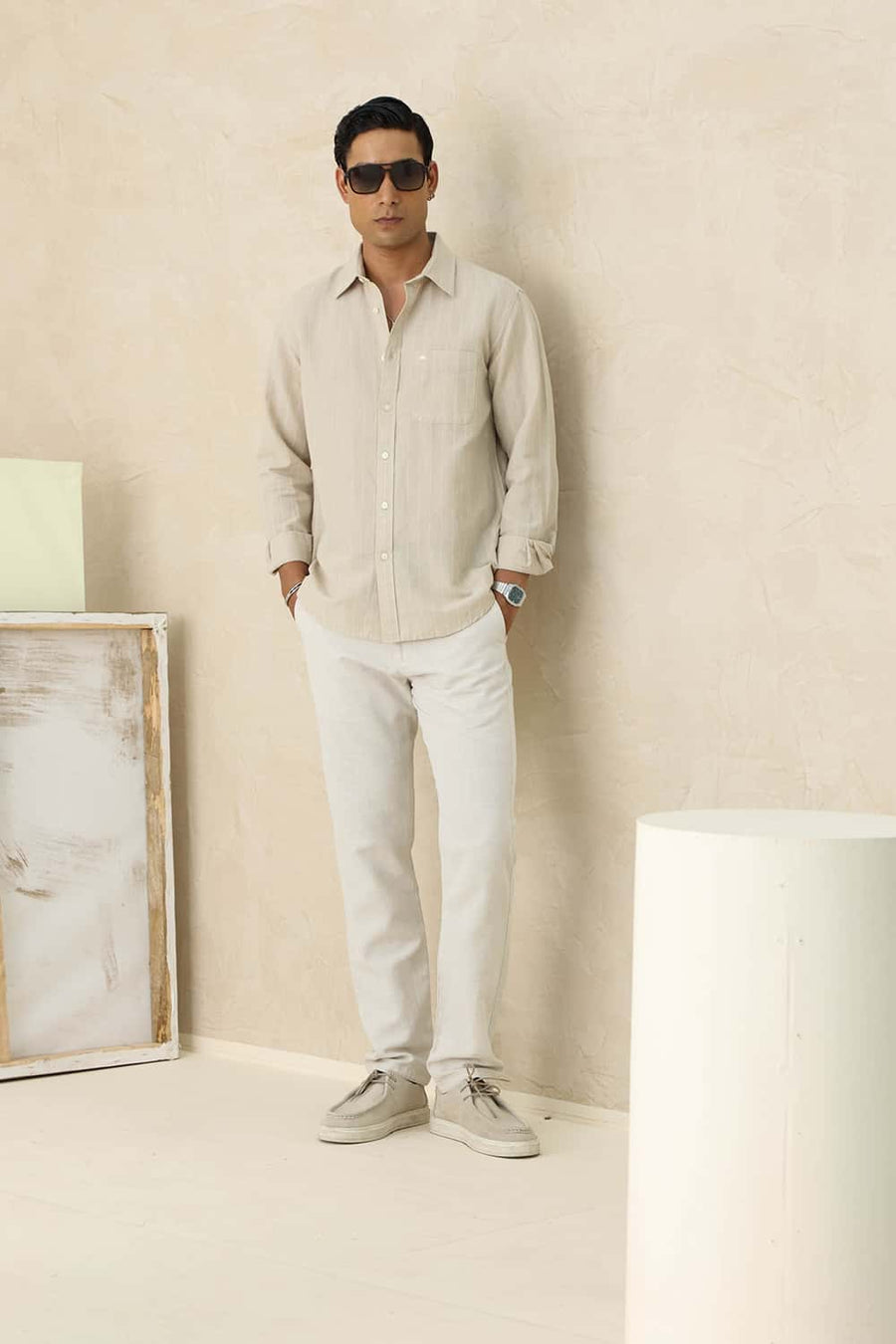 Basics Slim Fit Oak Beige Cotton Linen Stripe Shirt