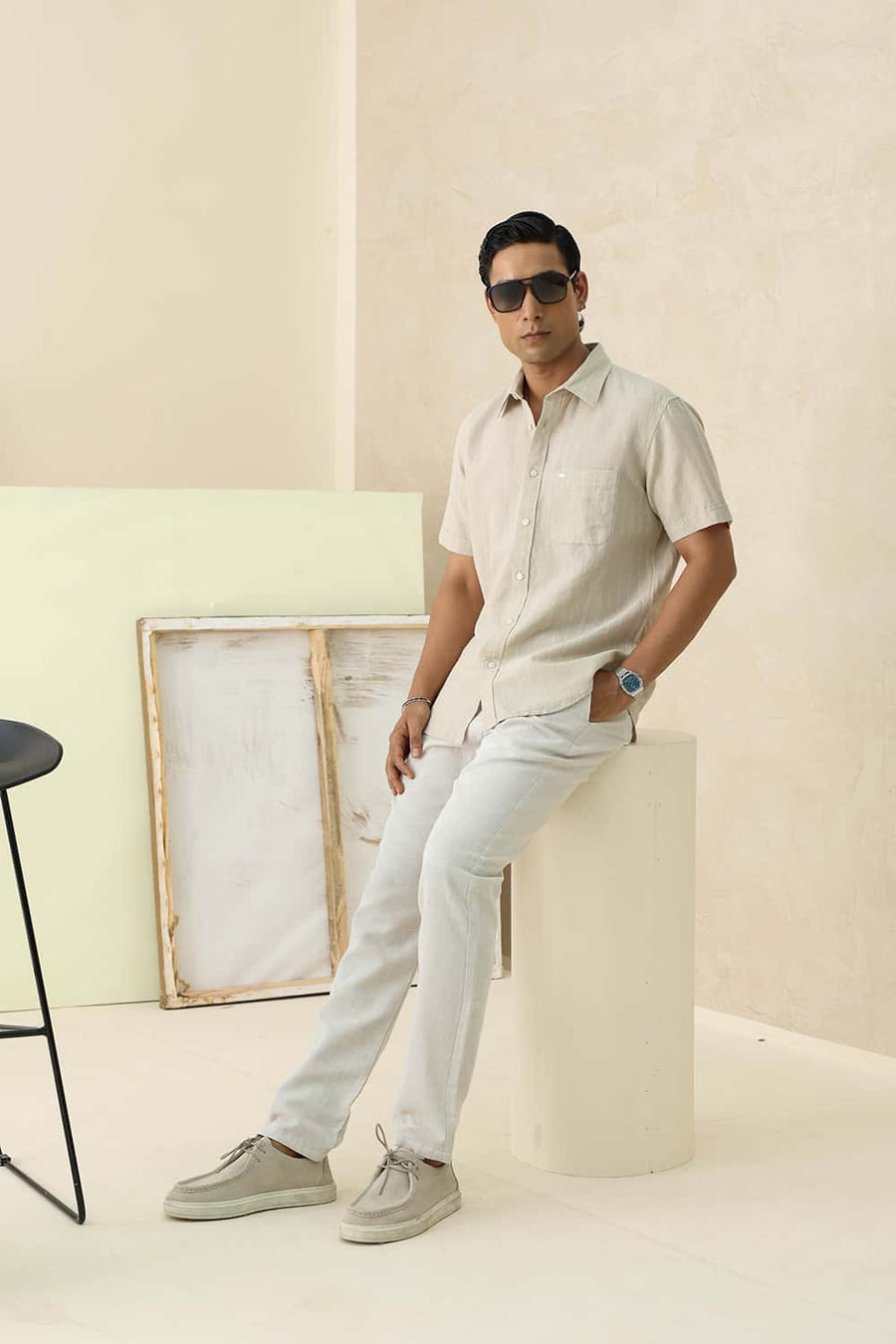 Basics Slim Fit Oak Beige Cotton Linen Stripe Halfsleeves Shirt