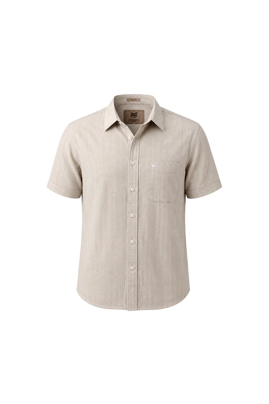 BASICS SLIM FIT OAK BEIGE COTTON LINEN STRIPE HALFSLEEVES SHIRT