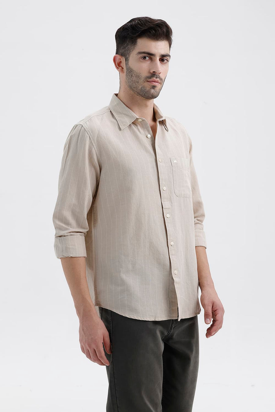 BASICS SLIM FIT OAK BEIGE COTTON LINEN STRIPE SHIRT