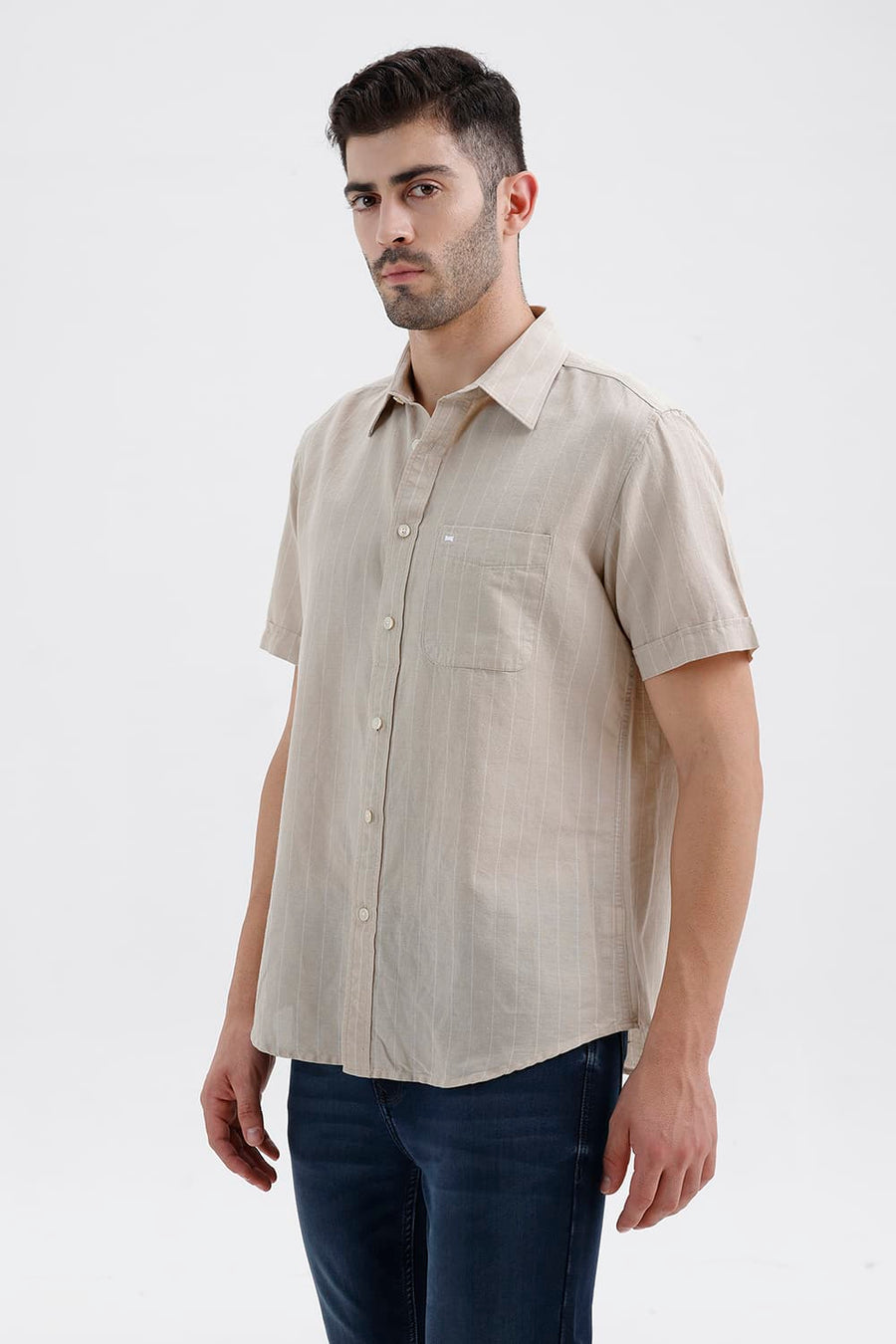 BASICS SLIM FIT OAK BEIGE COTTON LINEN STRIPE HALFSLEEVES SHIRT