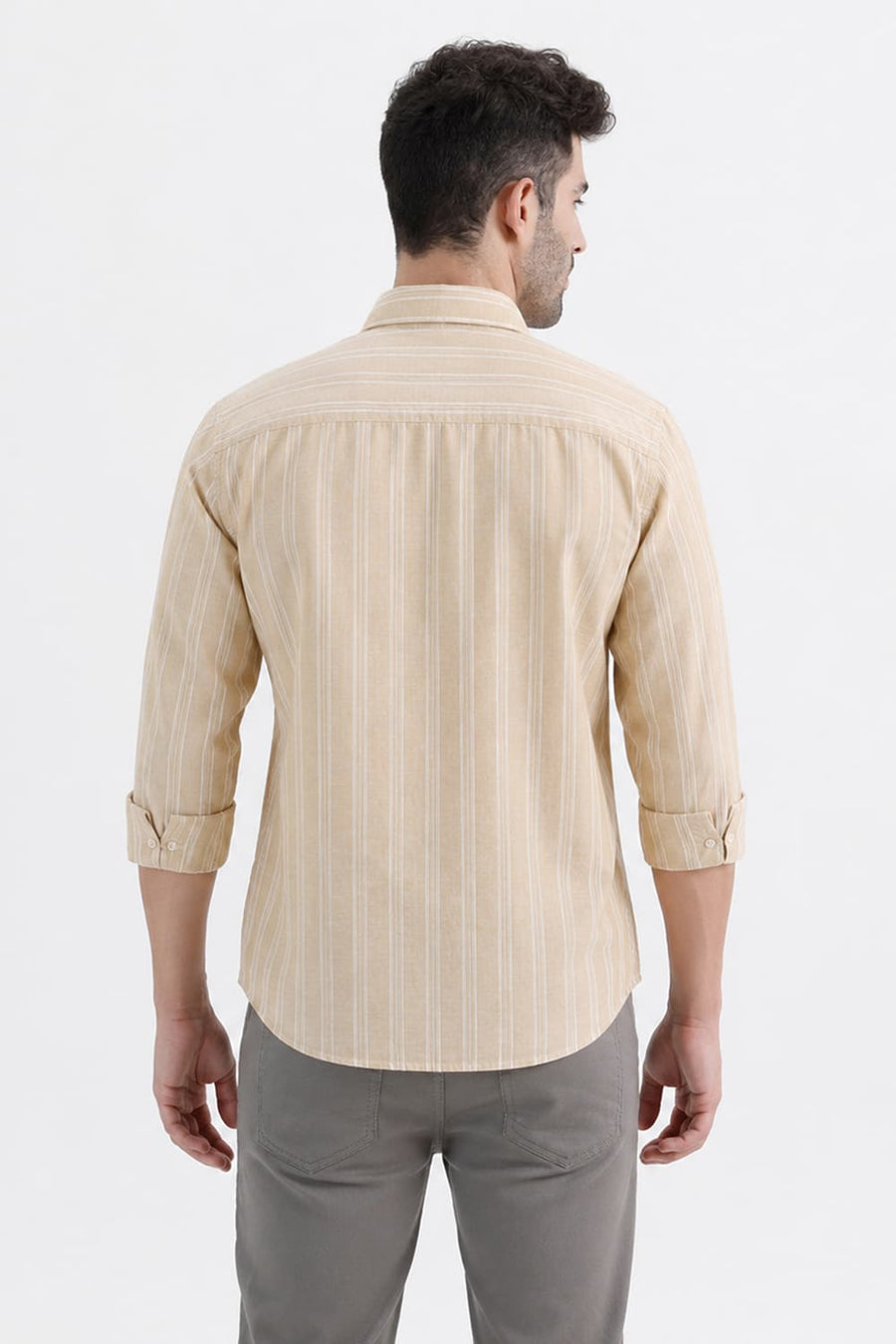 BASICS SLIM FIT SOYBEAN BEIGE COTTON LINEN STRIPE SHIRT