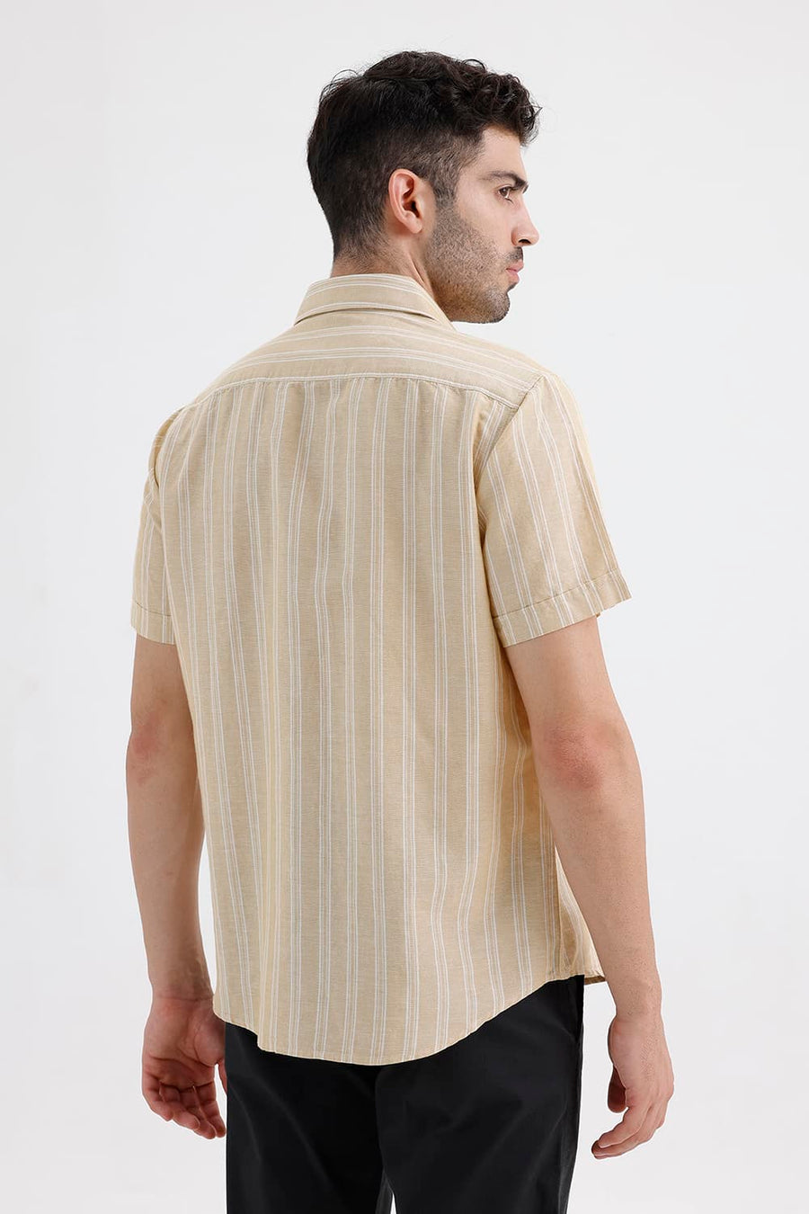 BASICS SLIM FIT SOYBEAN BEIGE COTTON LINEN STRIPE HALFSLEEVES SHIRT