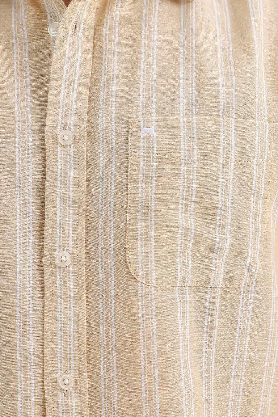 BASICS SLIM FIT SOYBEAN BEIGE COTTON LINEN STRIPE HALFSLEEVES SHIRT