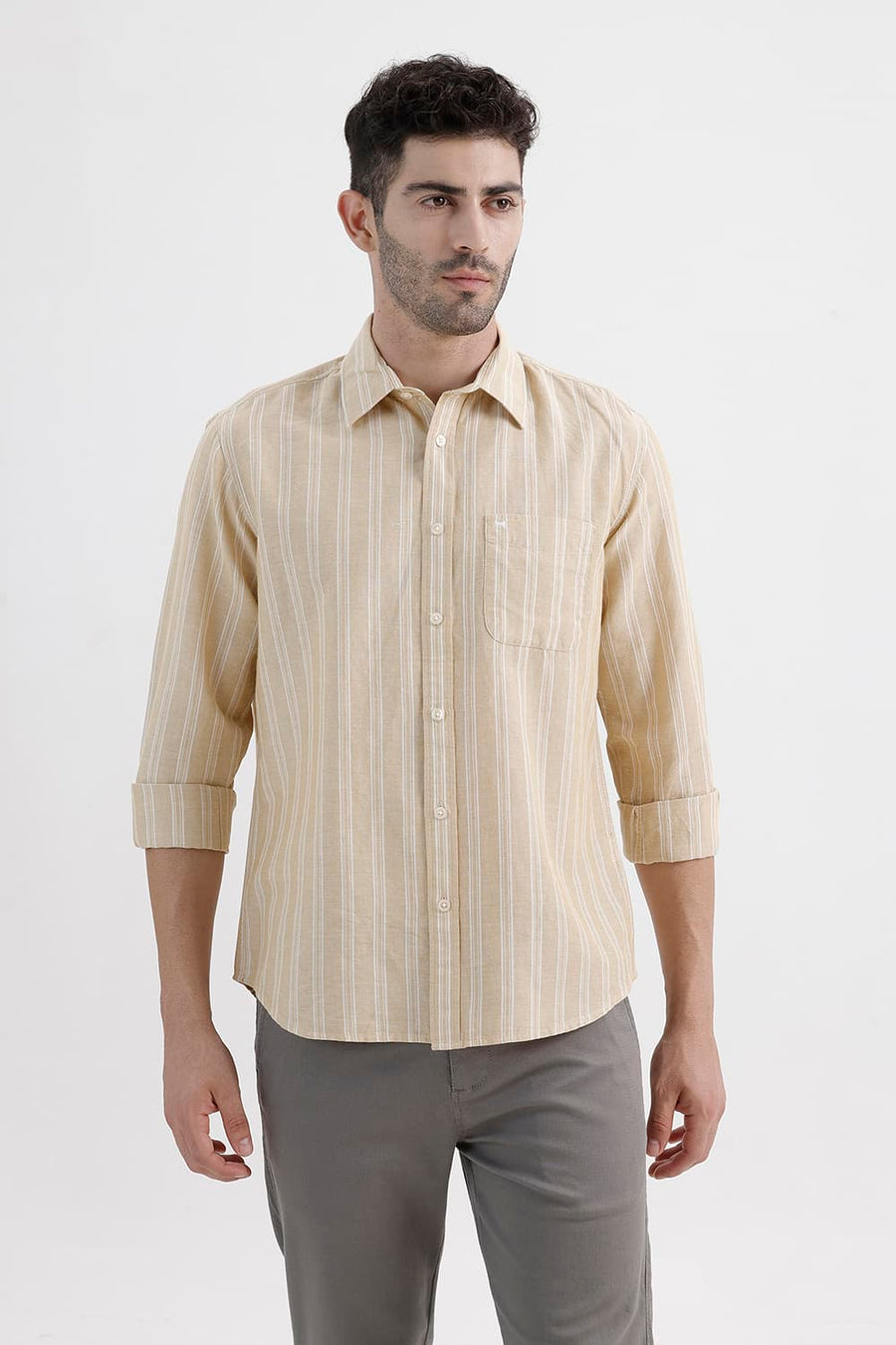 BASICS SLIM FIT SOYBEAN BEIGE COTTON LINEN STRIPE SHIRT