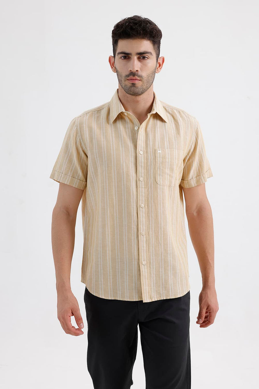 BASICS SLIM FIT SOYBEAN BEIGE COTTON LINEN STRIPE HALFSLEEVES SHIRT