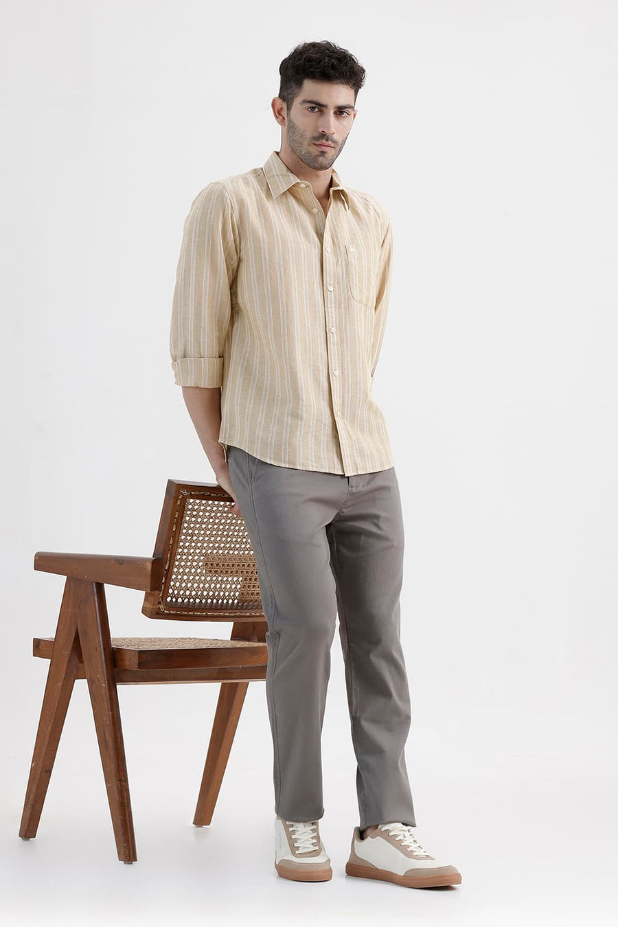 BASICS SLIM FIT SOYBEAN BEIGE COTTON LINEN STRIPE SHIRT