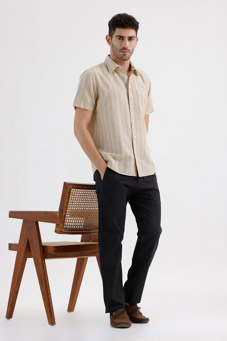 BASICS SLIM FIT SOYBEAN BEIGE COTTON LINEN STRIPE HALFSLEEVES SHIRT