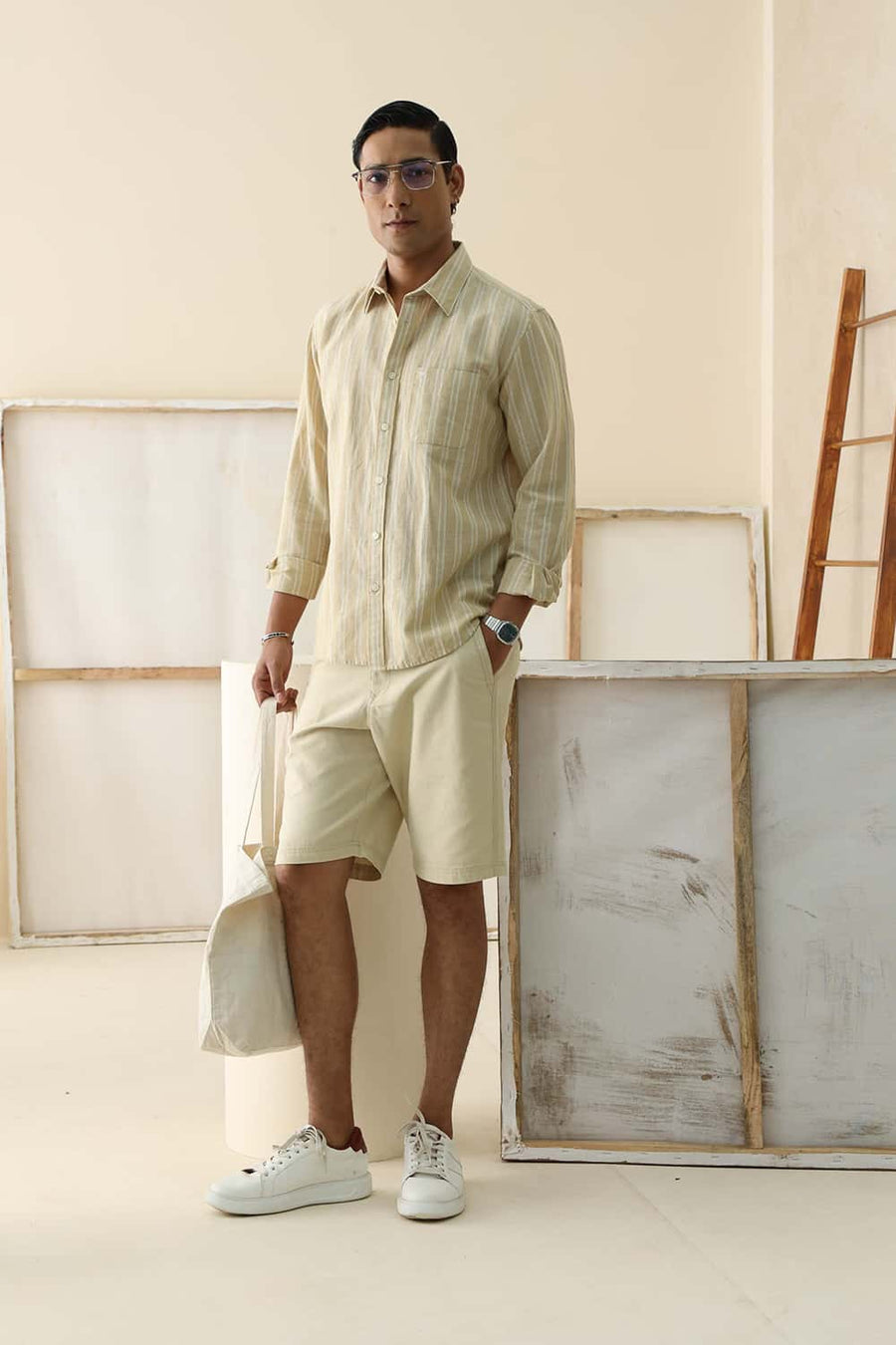 Basics Slim Fit Soybean Beige Cotton Linen Stripe Shirt