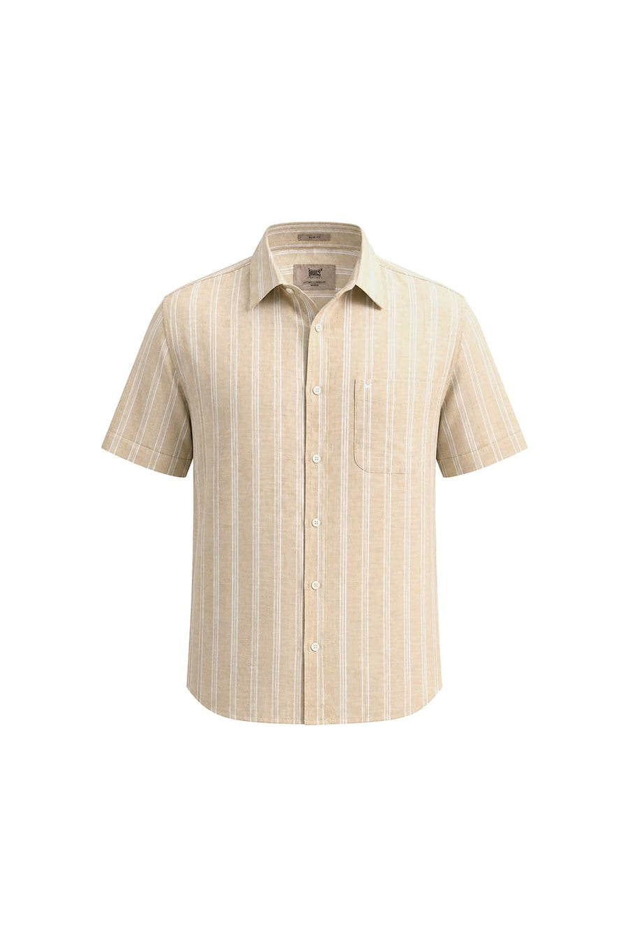 BASICS SLIM FIT SOYBEAN BEIGE COTTON LINEN STRIPE HALFSLEEVES SHIRT
