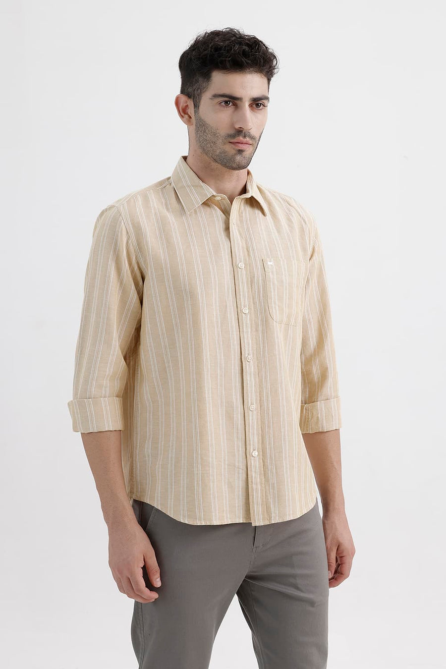 BASICS SLIM FIT SOYBEAN BEIGE COTTON LINEN STRIPE SHIRT