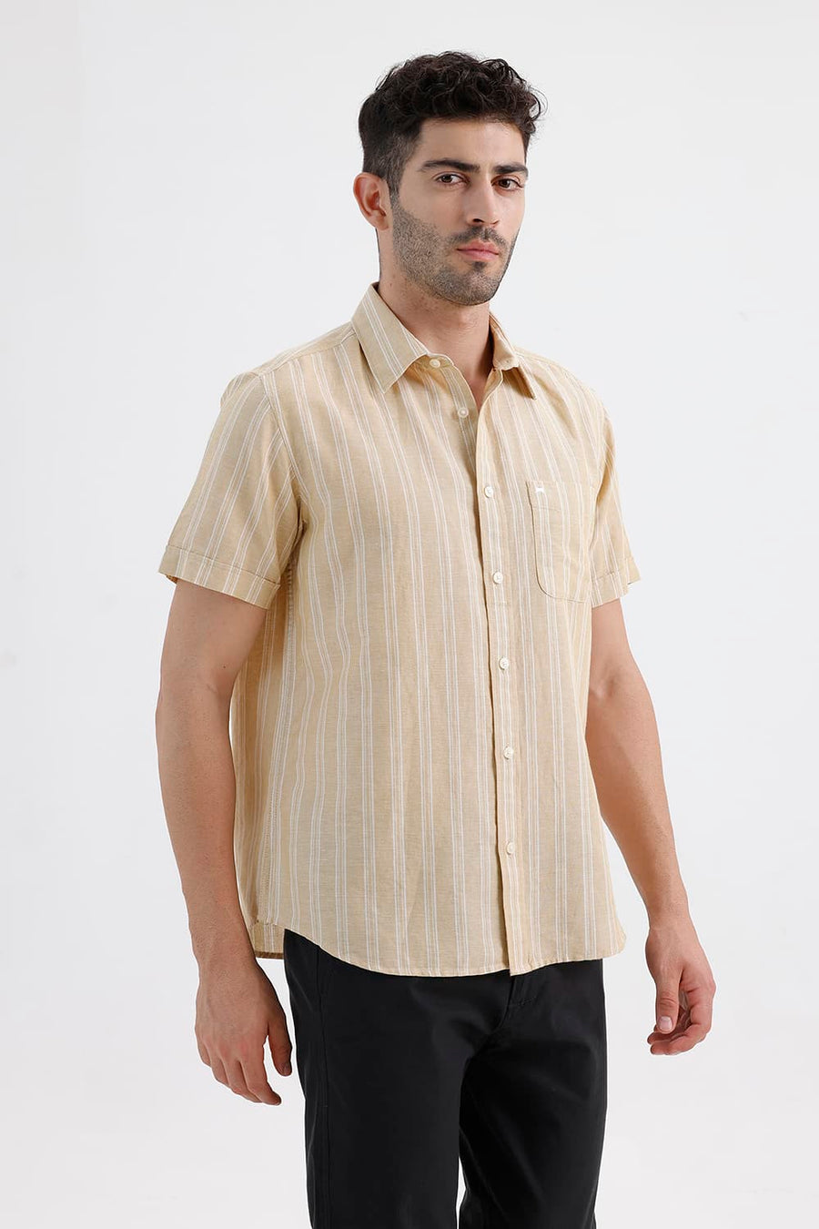 BASICS SLIM FIT SOYBEAN BEIGE COTTON LINEN STRIPE HALFSLEEVES SHIRT