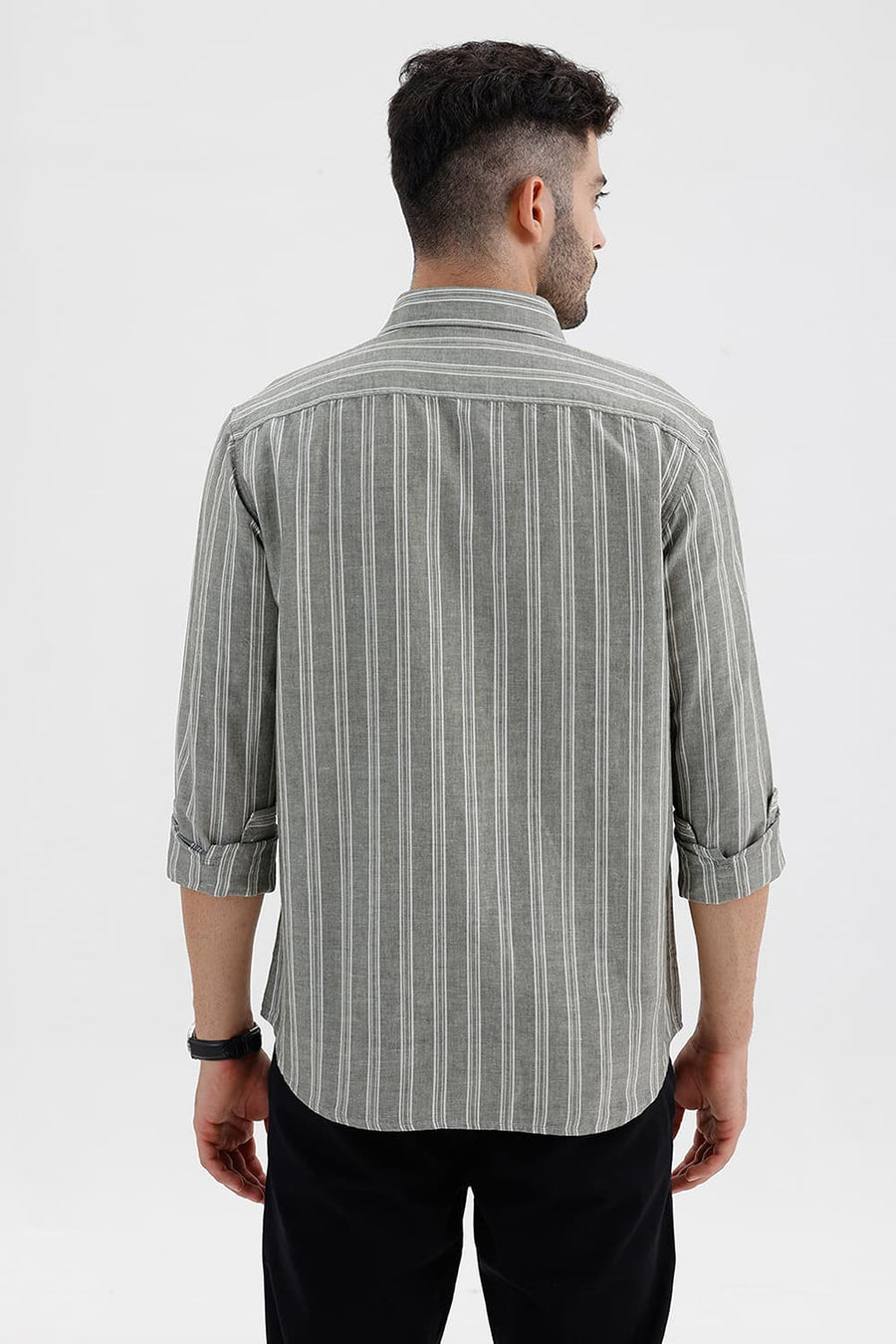 BASICS SLIM FIT FOG GREEN COTTON LINEN STRIPE SHIRT