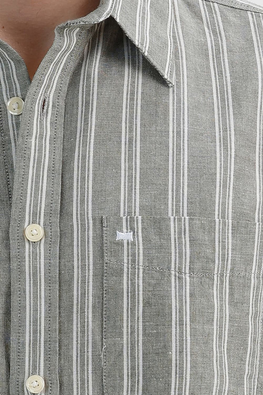 BASICS SLIM FIT FOG GREEN COTTON LINEN STRIPE SHIRT