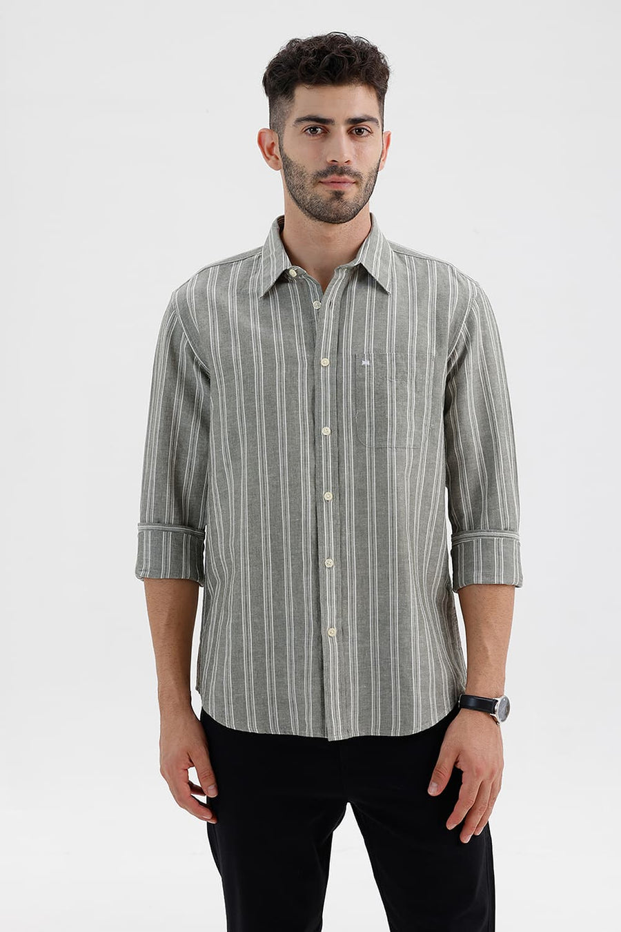 BASICS SLIM FIT FOG GREEN COTTON LINEN STRIPE SHIRT