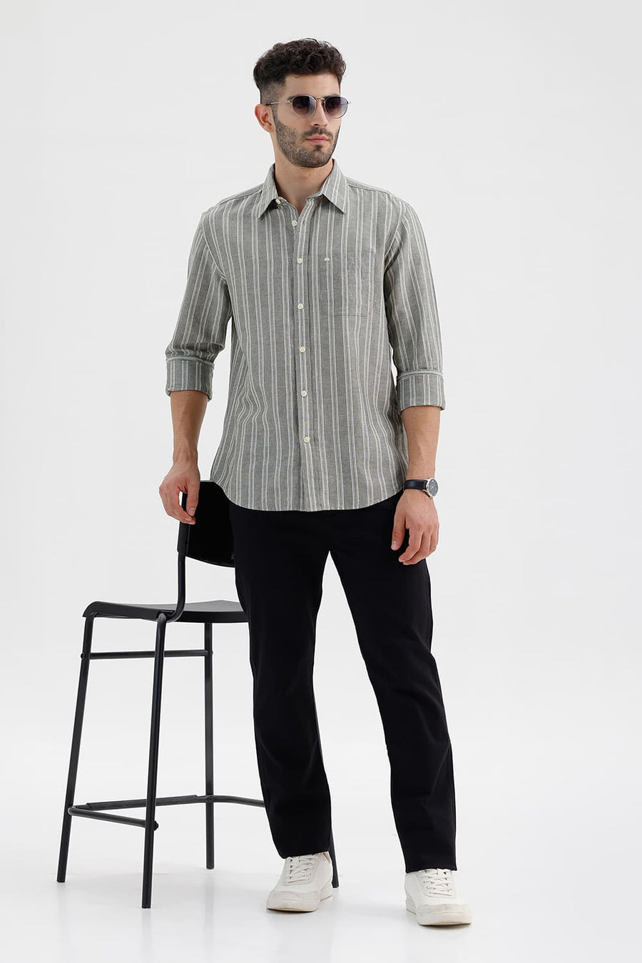BASICS SLIM FIT FOG GREEN COTTON LINEN STRIPE SHIRT