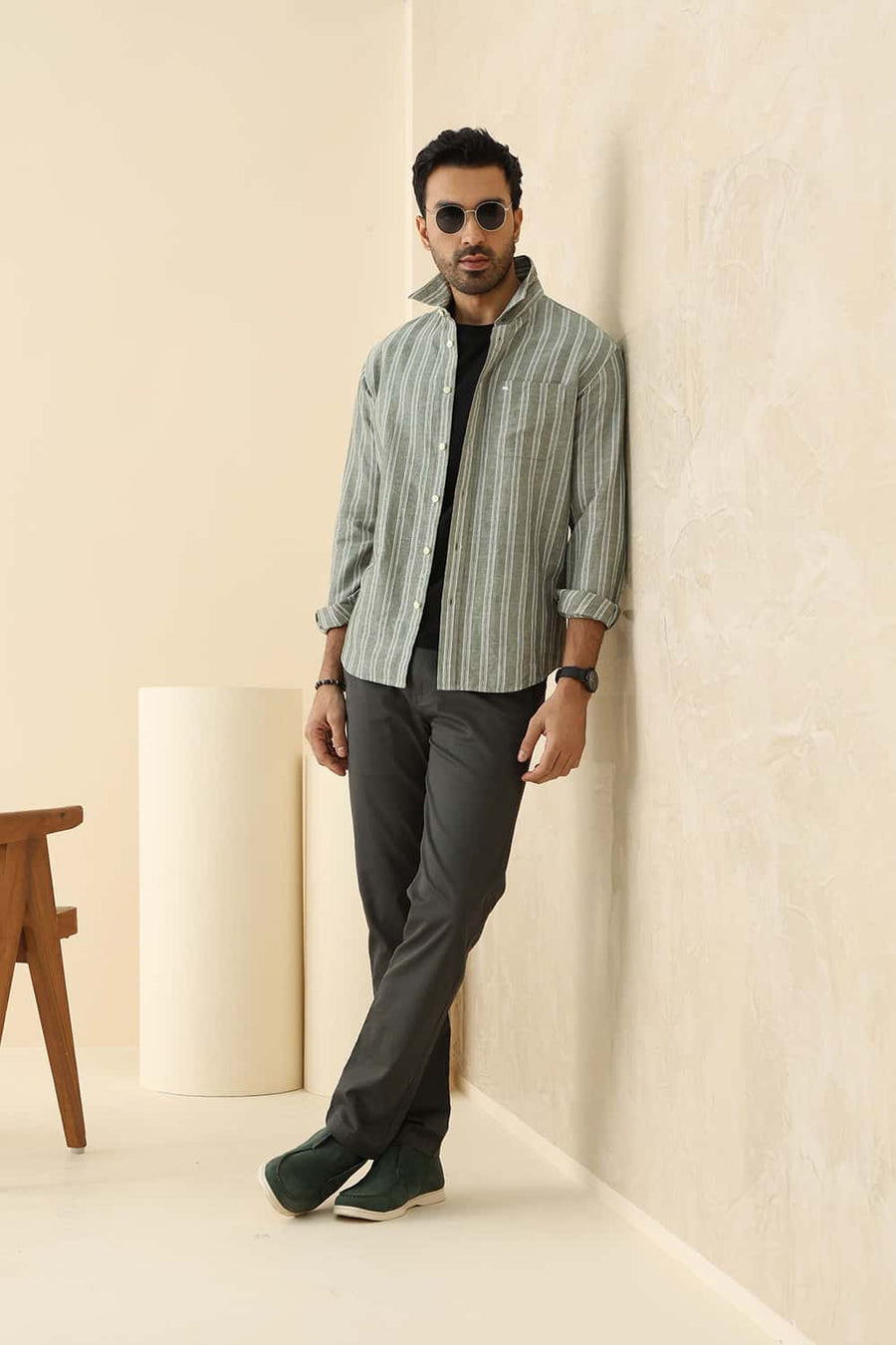Basics Slim Fit Fog Green Cotton Linen Stripe Shirt