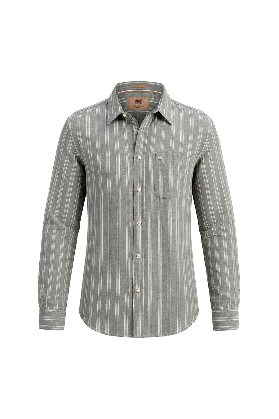 BASICS SLIM FIT FOG GREEN COTTON LINEN STRIPE SHIRT