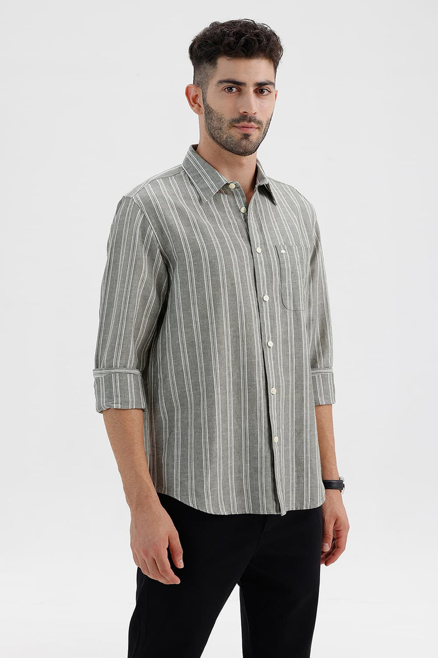 BASICS SLIM FIT FOG GREEN COTTON LINEN STRIPE SHIRT
