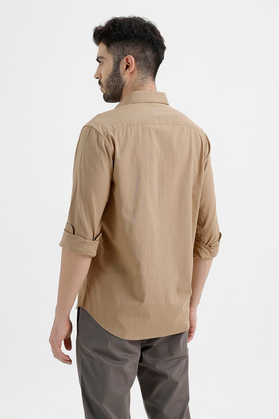 BASICS SLIM FIT TREE KHAKI COTTON LINEN SHIRT