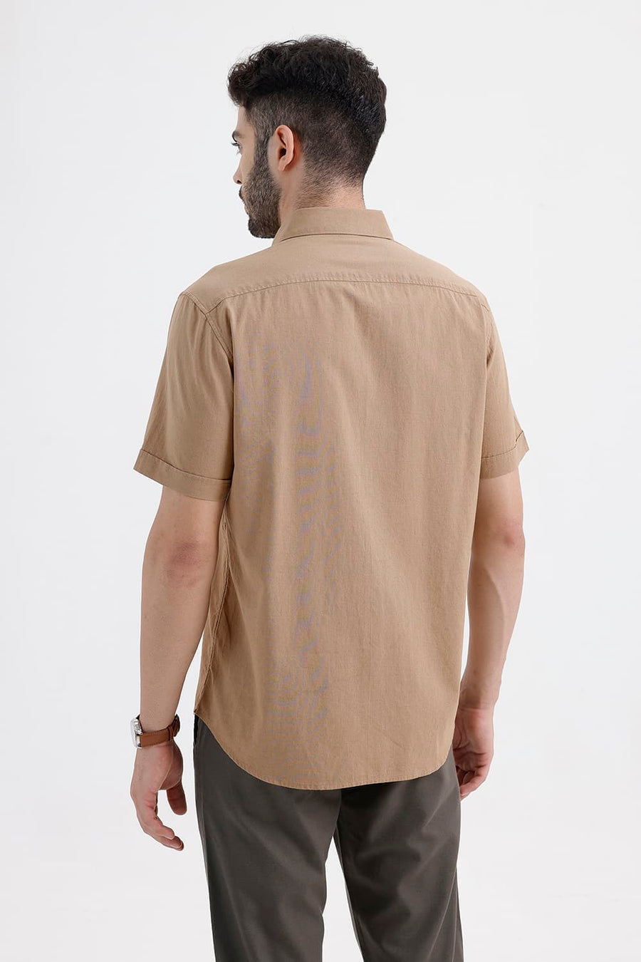 BASICS SLIM FIT TREE KHAKI COTTON LINEN HALFSLEEVES SHIRT