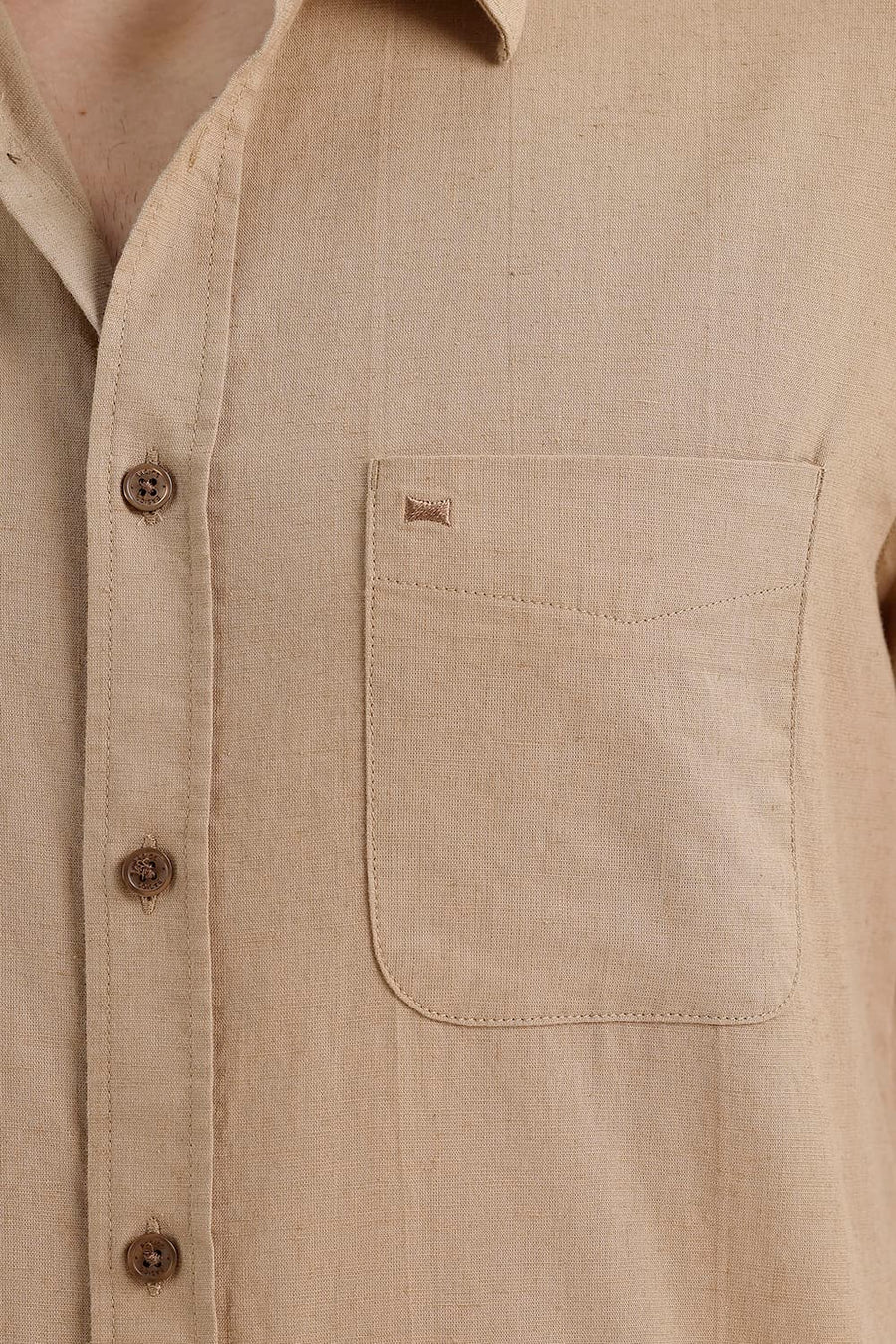 BASICS SLIM FIT TREE KHAKI COTTON LINEN SHIRT